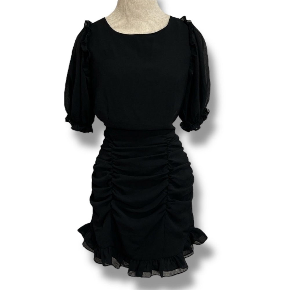 HYFVE Women's L Smocked Puff Sleeve Open Back Dress LBD Black NWT Ruching Ruffle